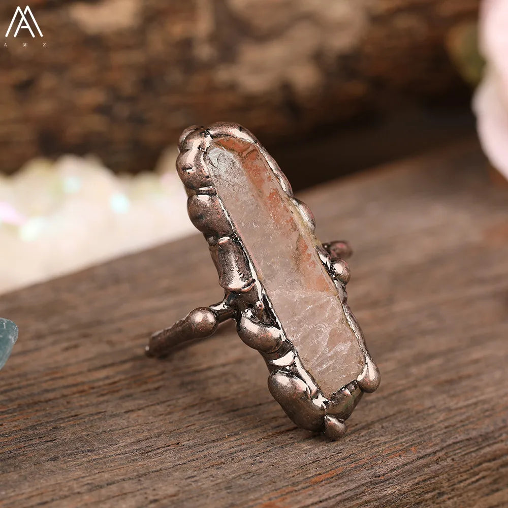 Irregular White Quartz Point Beads Bronze Handmade Rings Jewelry Women Natural Ston additional angle