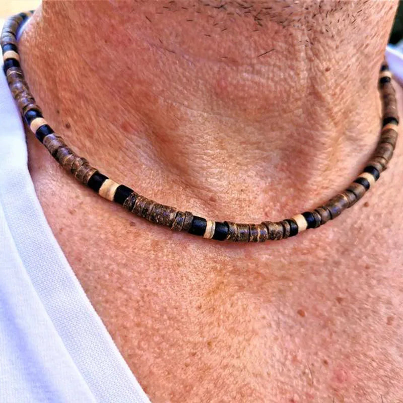 Men's Beaded Wood Beach Necklace | African Inspired Surfer Jewelry close-up view