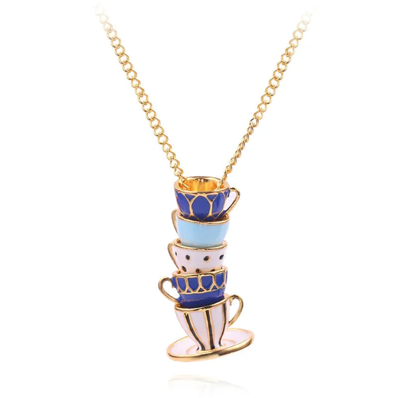 Enamel Tea Cup Pendant Necklace | Trendy Long Chain Jewelry close-up view