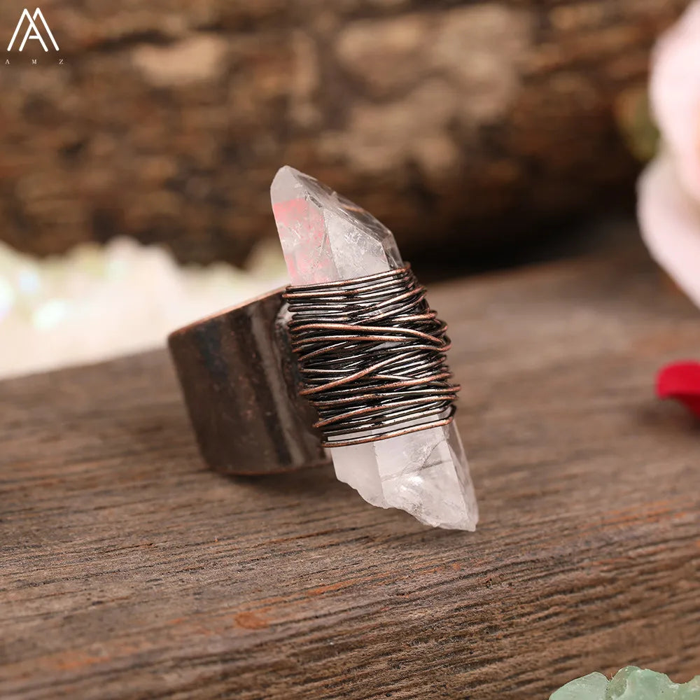 Irregular White Quartz Point Beads Bronze Handmade Rings Jewelry Women Natural Stone alternate view