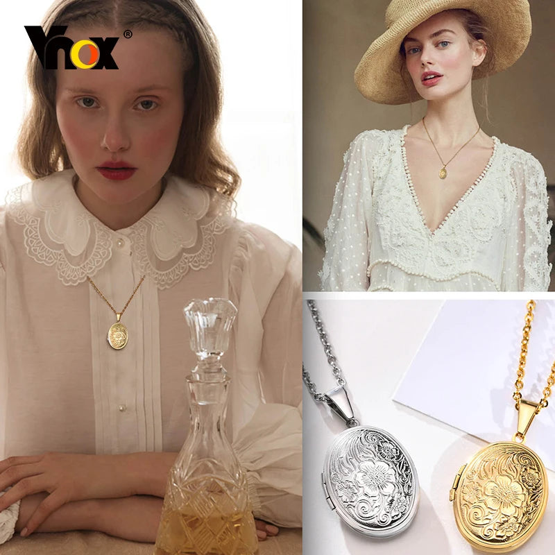 Monogram Floral Oval Heart Locket Pendant Necklace | Stainless Steel Photo Frame Keepsak detail view