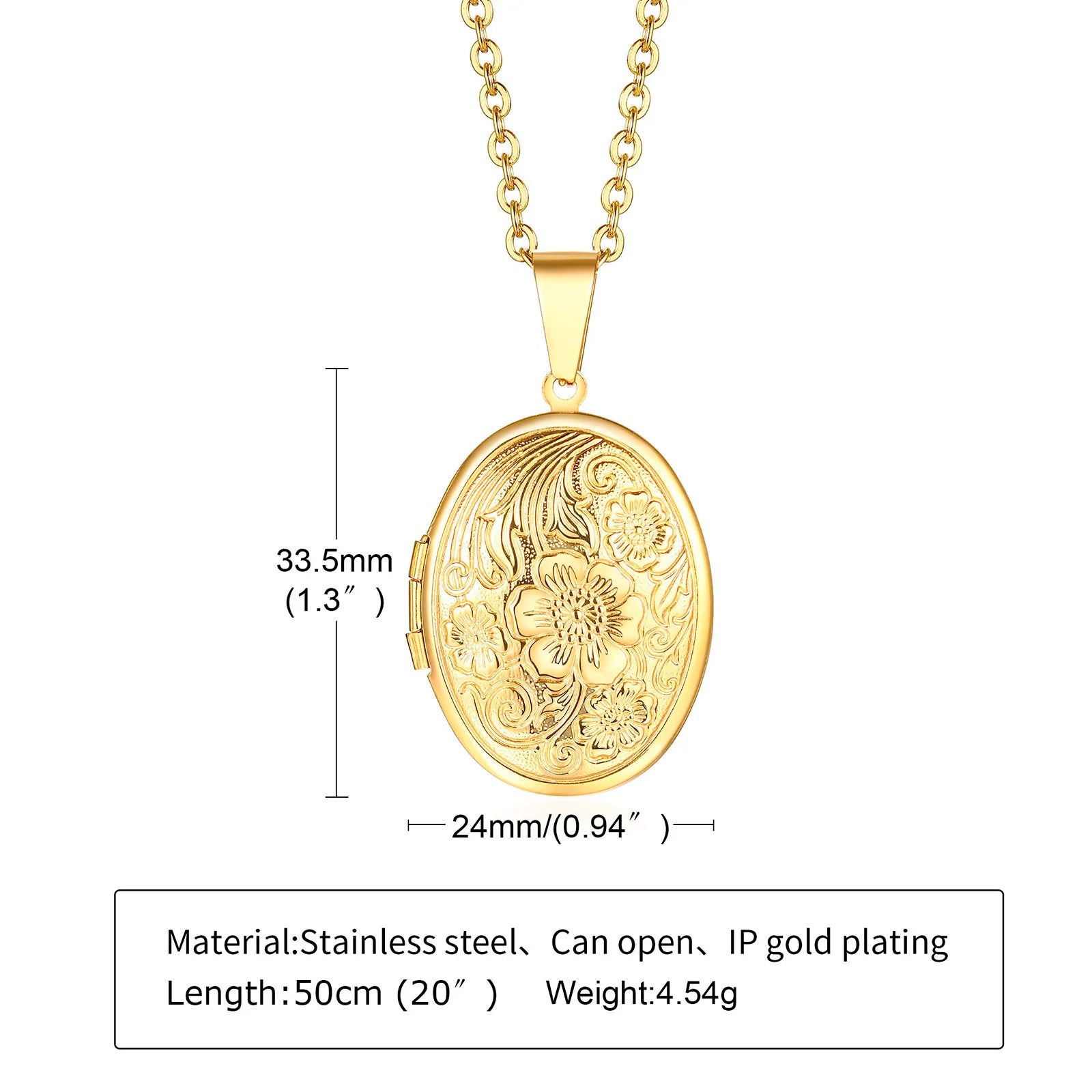 Delicate Floral Oval Heart Locket Pendant Necklaces for Women,Stainless Steel Photo additional angle