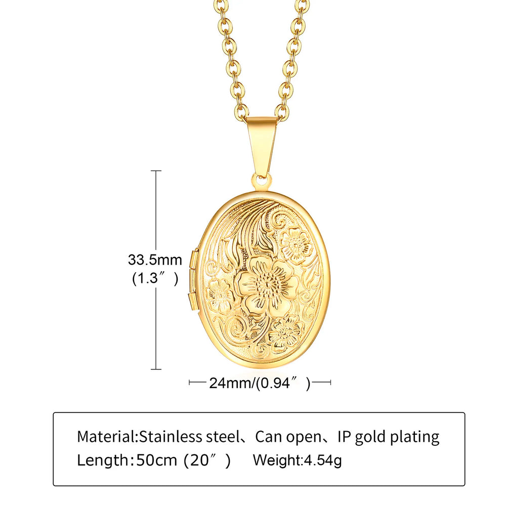 Delicate Floral Oval Heart Locket Pendant Necklaces for Women,Stainless Steel Photo additional angle