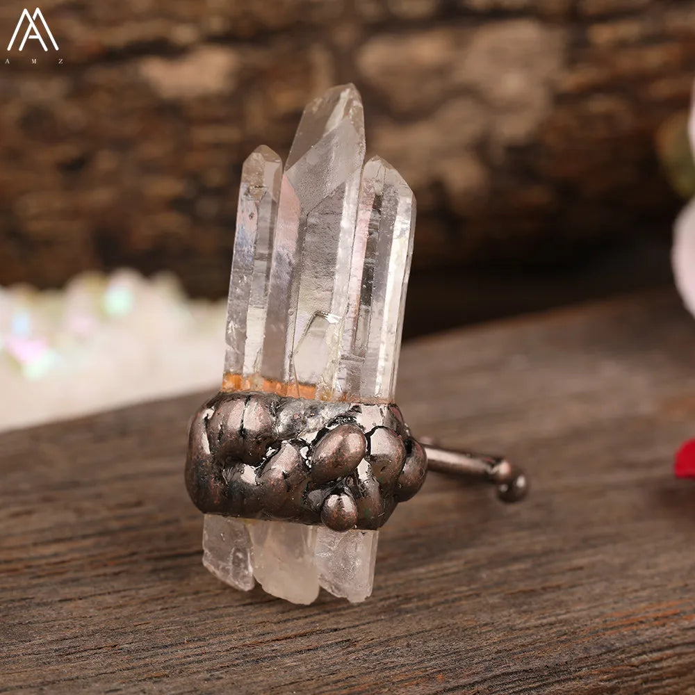 Irregular White Quartz Point Beads Bronze Handmade Rings Jewelry Women Natural Stone Adj detail view