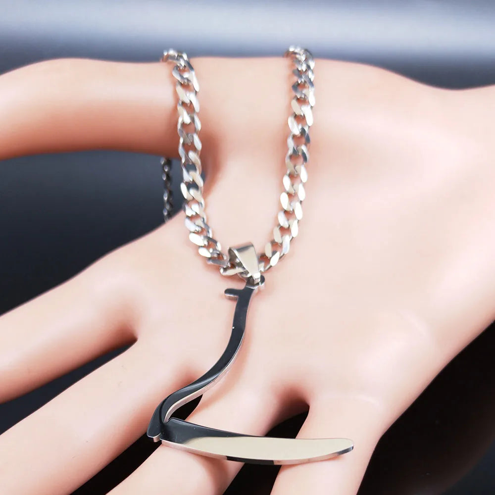 Silver Grim Reaper Sickle Pendant Necklace | Punk Stainless Steel Jewelry for Women detail view