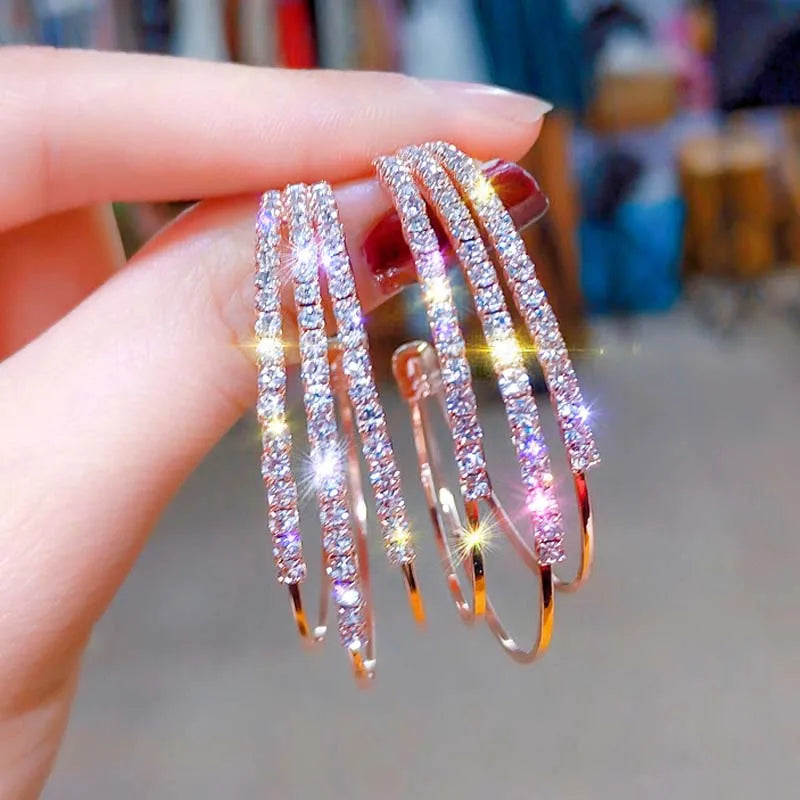 Silver Needle Hoop Earrings for Women Jewelry Rose Gold Pated Alloy Statement Rhinesto close-up view