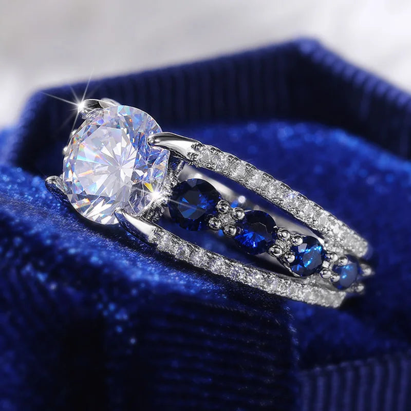Huitan Special-interest Wedding Rings Women Blue/White Round CZ Novel Designed Fema additional angle