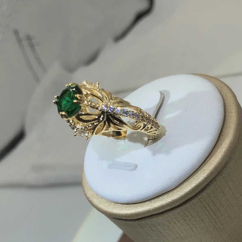 14K Gold Vintage Emerald zircon Ring for Women 925 Silver Jewelry Natural Emerald Rin alternate view