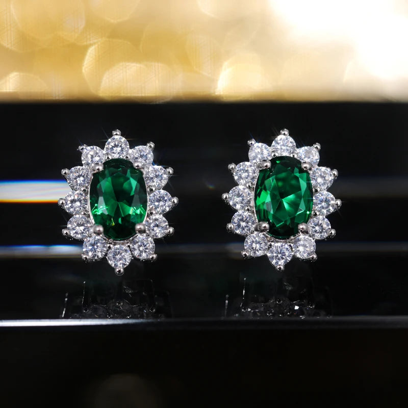 Huitan Full Zircon Stud Earrings for Women Blue/Purple/Red/Pink/Black/White/Green Oval CZ Wedding Trend Female Luxury Jewelry