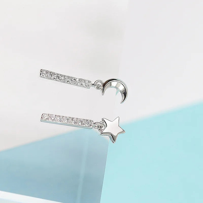 High Quality 925 Sterling Silver Earrings Woman Star Moon Earrings Fashion Elegant Ear close-up view