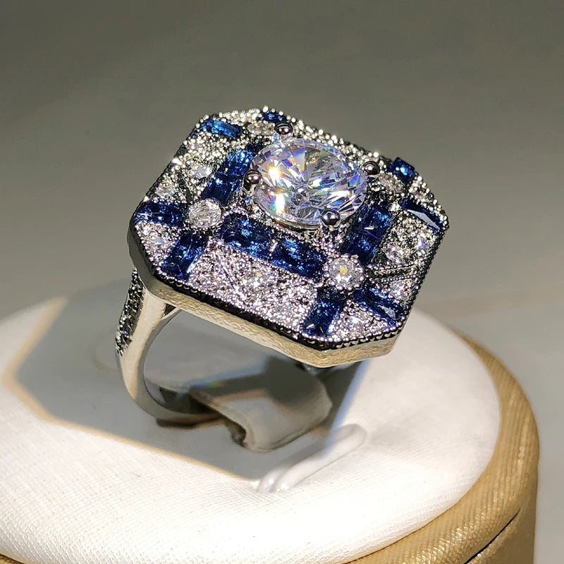 925 Silver Luxury Geometry Big Rings For Men Women Blue White Zircon Engagement Ring lifestyle view