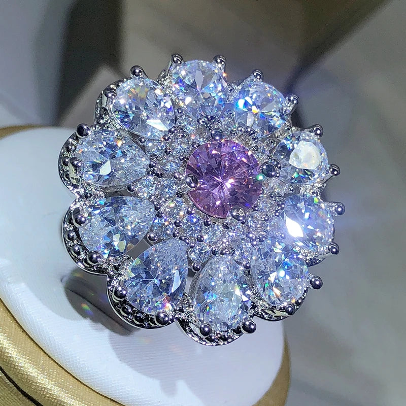 925 Silver Trendy Luxury Jewelry Ladies Shiny White Zirconia Crystal Flower Female additional angle