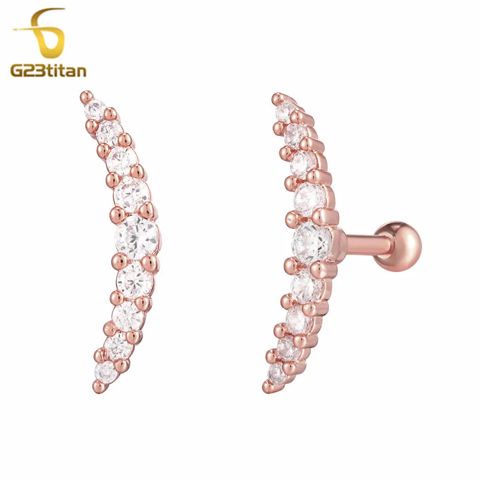 2pc Surgical Steel Ear Cartilage Earlobe Tragus Piercing Ball Bar Rose Gold Color Moon close-up view