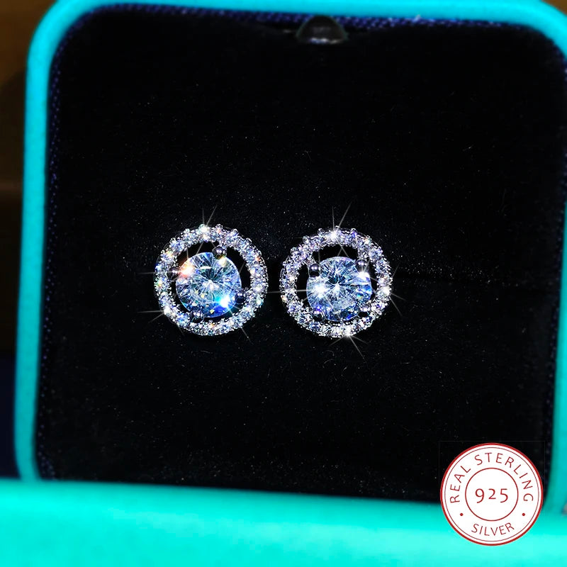 925 Sterling Silver High-End Fashion Jewelry White Zircon Round Earrings Exquisite Diamond-Studded C