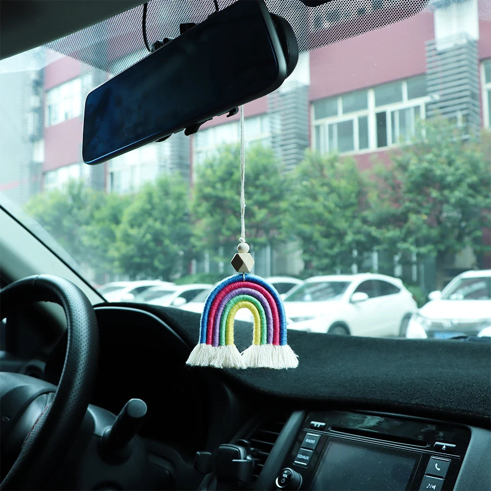 Boho Handmade Rainbow Decoeation Weaving Rainbow Keychains Car Rearview Mirror Pendan lifestyle view