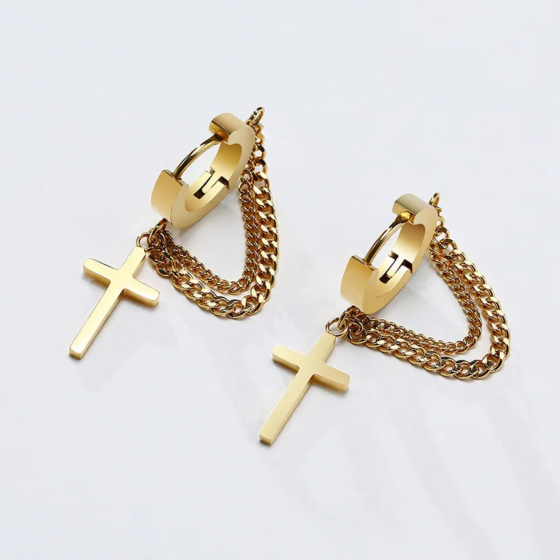 Stainless Steel Cross Double Chain Huggie Hoops Earring Pair for Men Women Earrings detail view