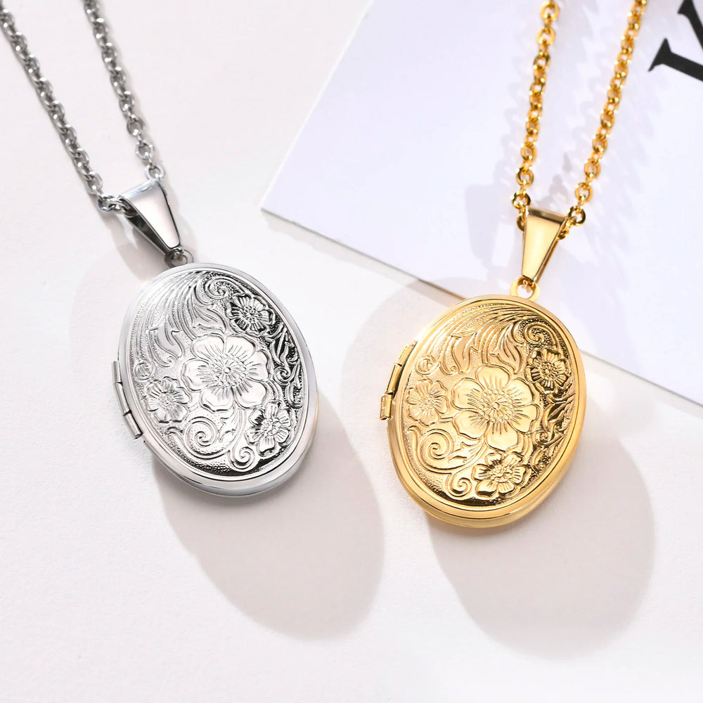 Delicate Floral Oval Heart Locket Pendant Necklaces for Women,Stainless Steel Photo Frame Promise Lo