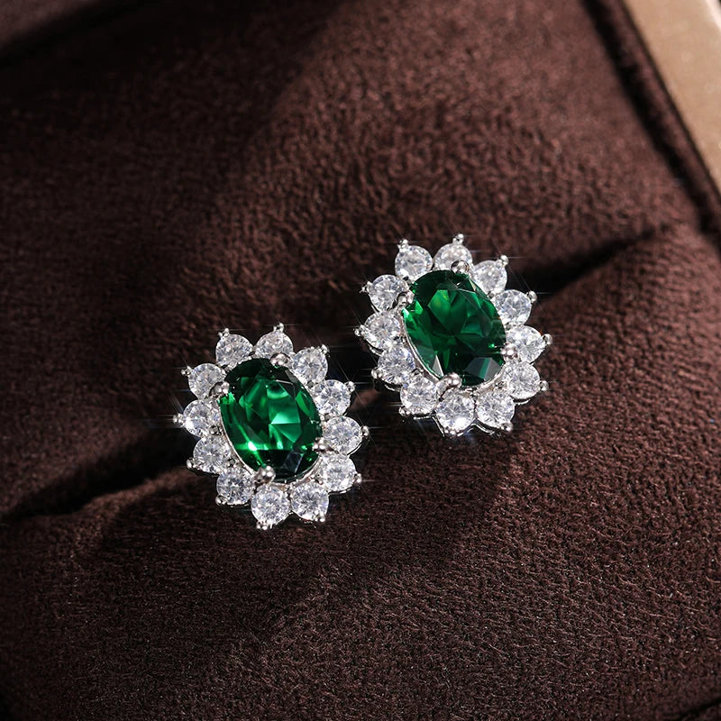 Huitan Fashion Sunflower Shape Stud Earrings Women Brilliant Oval Cubic Zirconia Luxury detail view