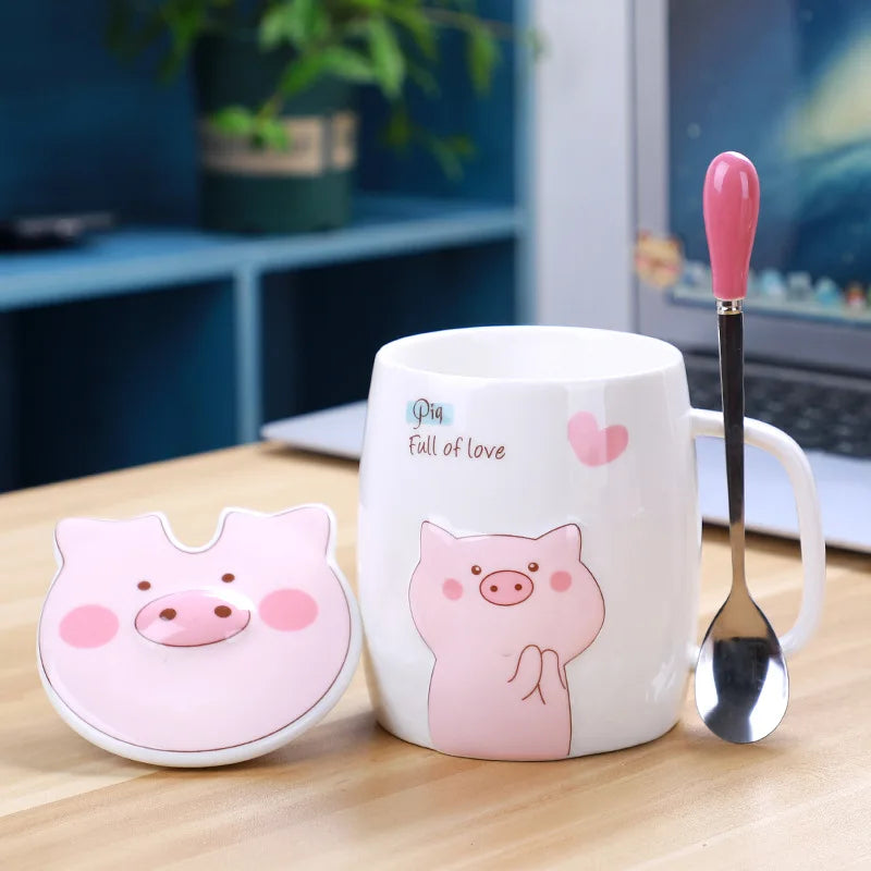 500mL Ceramics Cute Pig Mug with Lid Spoon Coffee Milk Tea Cup Water Drinking Glasses lifestyle view