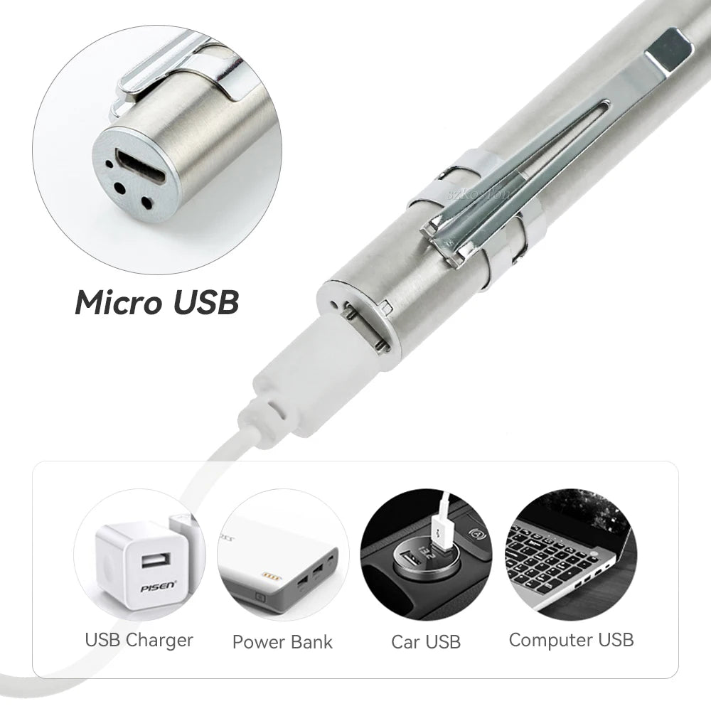 USB Rechargeable Pen Light | Medical Mini LED Flashlight with Clip close-up view
