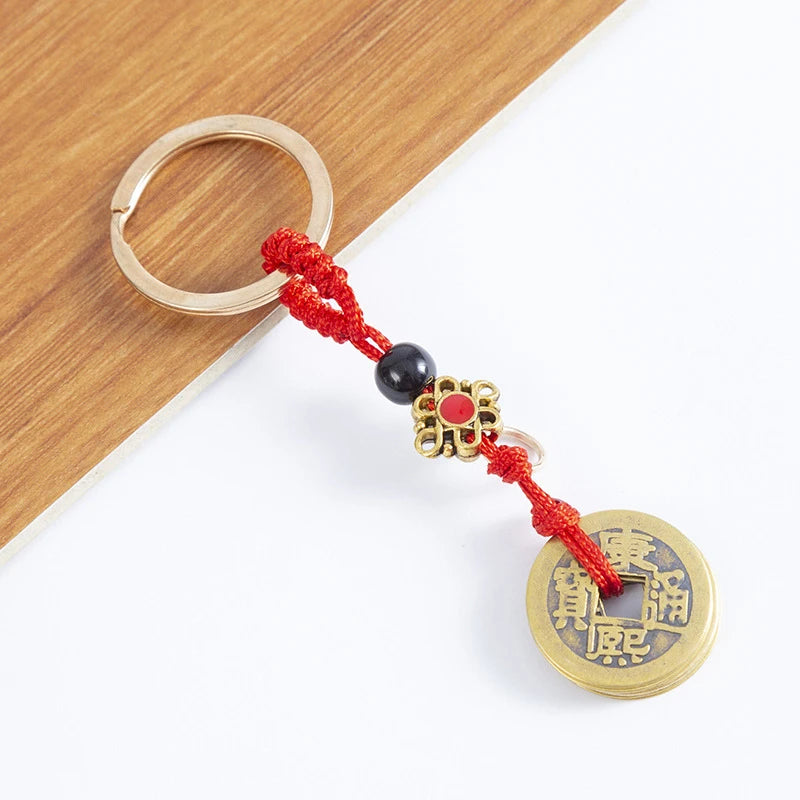 Handmade Brass Feng Shui Coins Keychain | Lucky Cat Car Keychain with Five Emperors Mone detail view