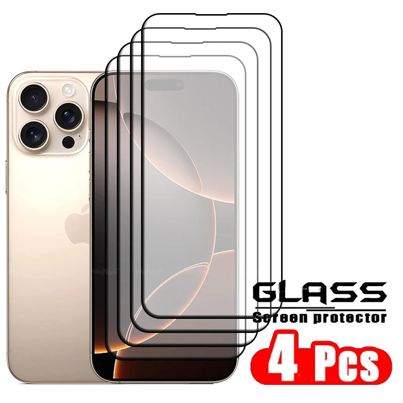 4pcs For iPhone 16 Pro Max Glass iPhone 16 15 14 13 Pro Max Tempered Glass Full Cover Glue 9H Screen Protector iPhone 16 Pro Max
