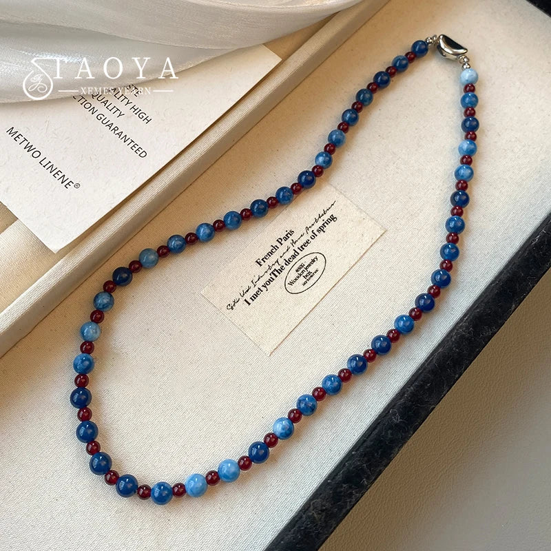 Light Luxury Natural Stone Bead chain Blue Agate Stone Short Necklace 2025 Trendy Jewelry For Women