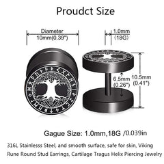 1Pair 18G Viking Rune Round Stud Earrings for Men Women, 316L Stainless Steel Cartila alternate view
