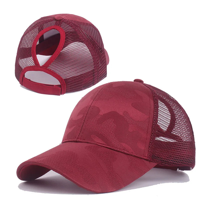 Camouflage Mesh Trucker Hat for Women | Snapback Cap with Ponytail Hole detail view