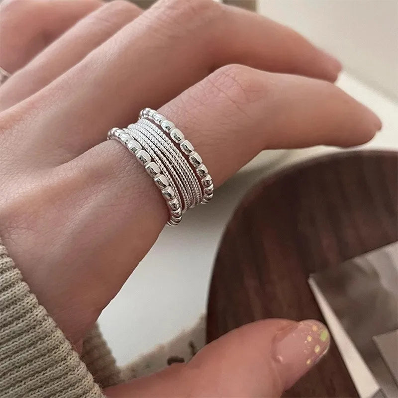 VENTFILLE 925 Sterling Silber Geometrischer Mehrschichtiger Ring mit runden Perlen | Modischer Punk-Temperament-Schmuck