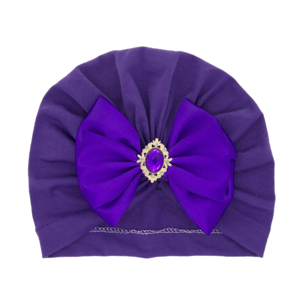 Solid Color Baby Turban Bow Beanie with Rhinestone | Handmade Infant Cap for Girls 0- lifestyle view