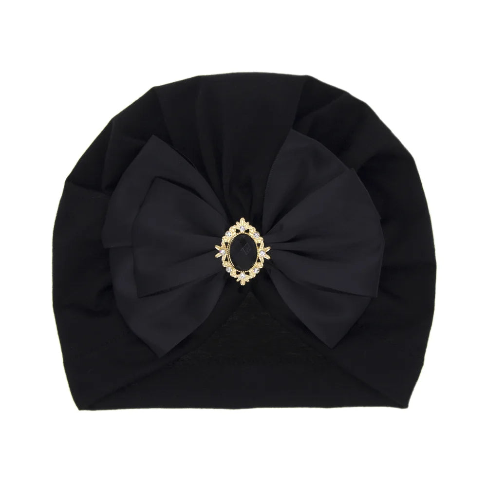 Solid Color Baby Turban Bow Beanie with Rhinestone | Handmade Infant Cap for Girls 0-2 close-up view