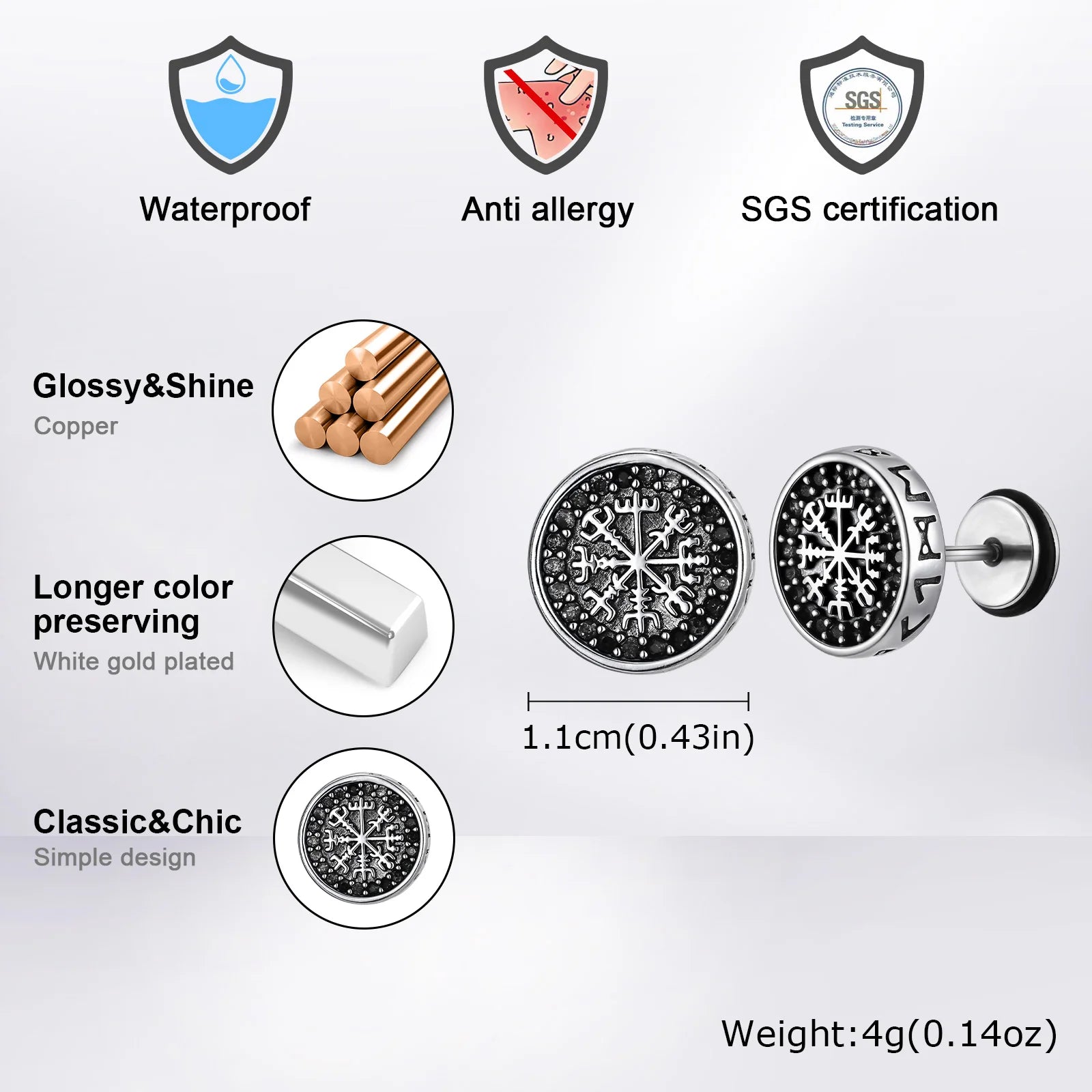 Vintage Gothic Norse Viking Stud Earrings for Men Boys, Rock Punk Runes Round Earring lifestyle view