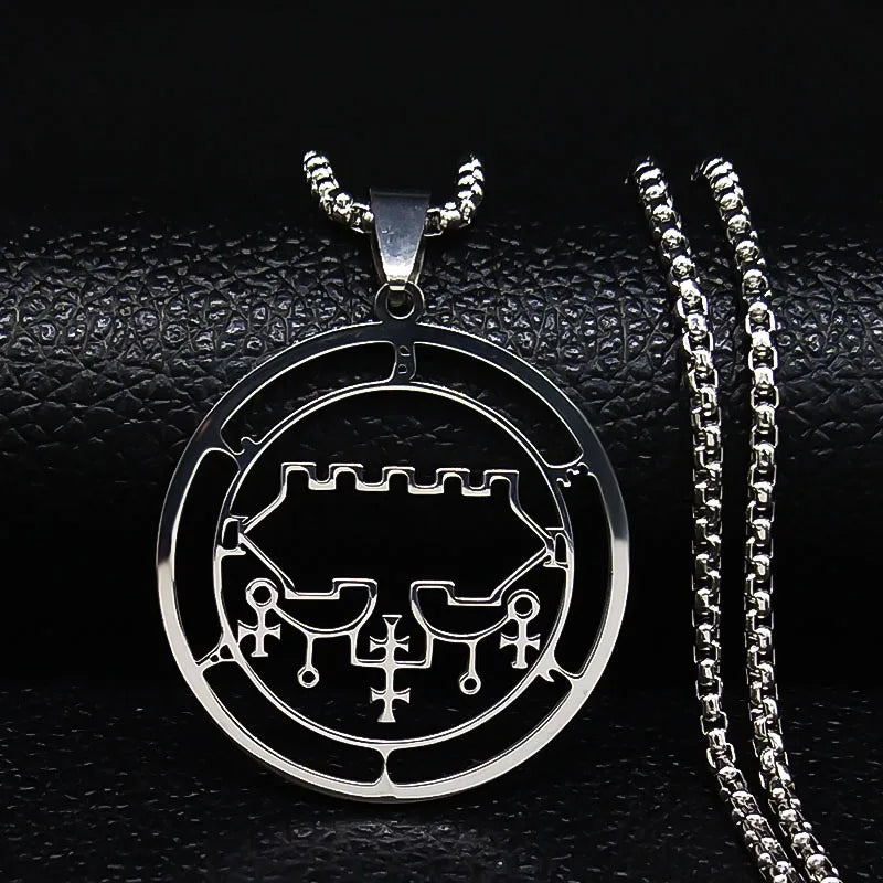 Sigeal Sigil De Lucifer Stainless Steel Satan Necklace | Asmoday Key Baphomet Pendant close-up view