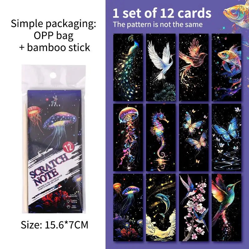 12Pcs Stylus Animal Scratch Art Set with Bookmark Paper for Kids DIY Creative Drawing detail view