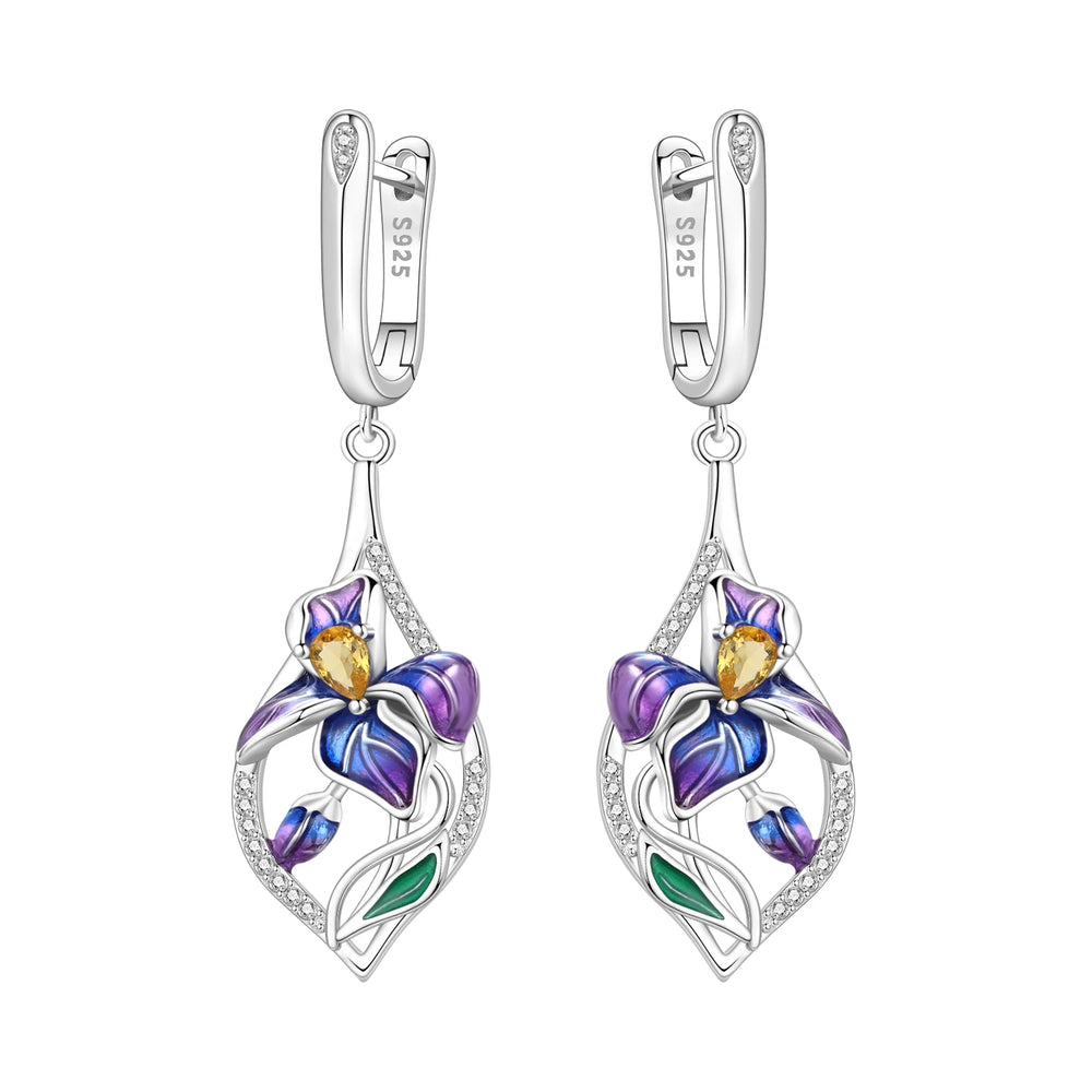 Orstarry Original 925 Sterling Silver Blue Iris Flower Earrings Women Hoop Earring Anniv detail view