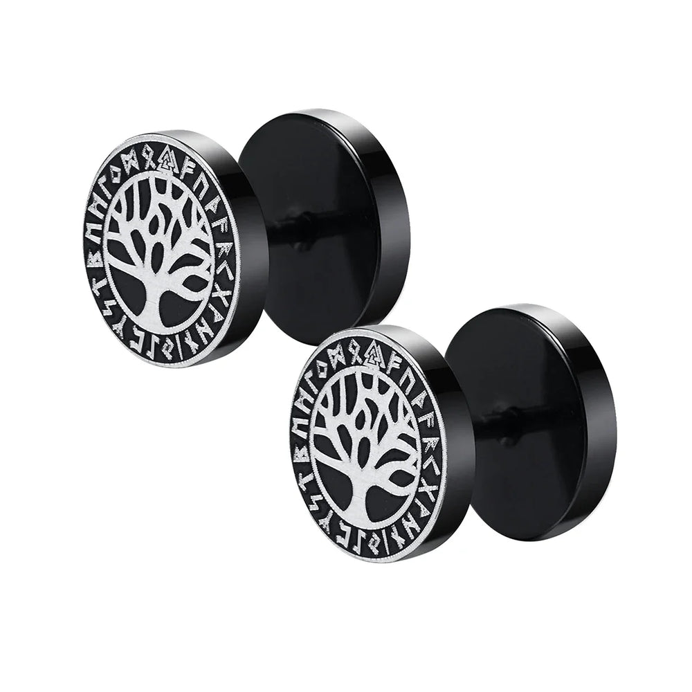 Gothic Norse Viking Runes Stud Earrings for Men Boys,Rock Punk Stainless Steel Valknut close-up view