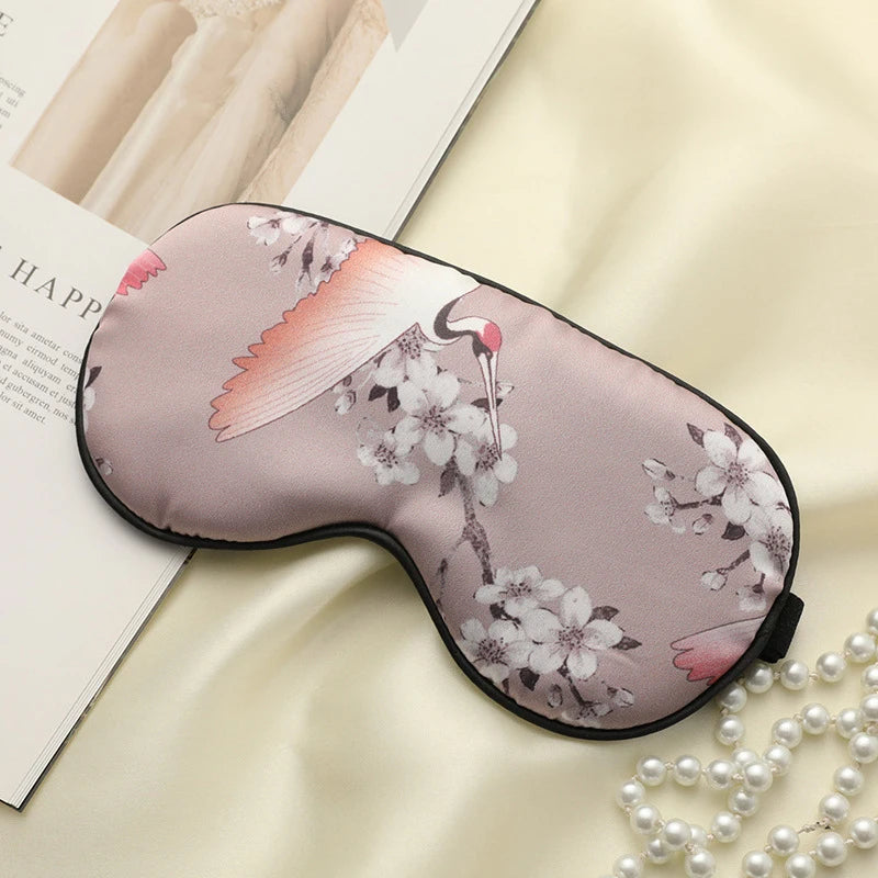 Imitated Silk Sleeping Eye Mask with Crane Print | Adjustable Blindfold for Travel an alternate view