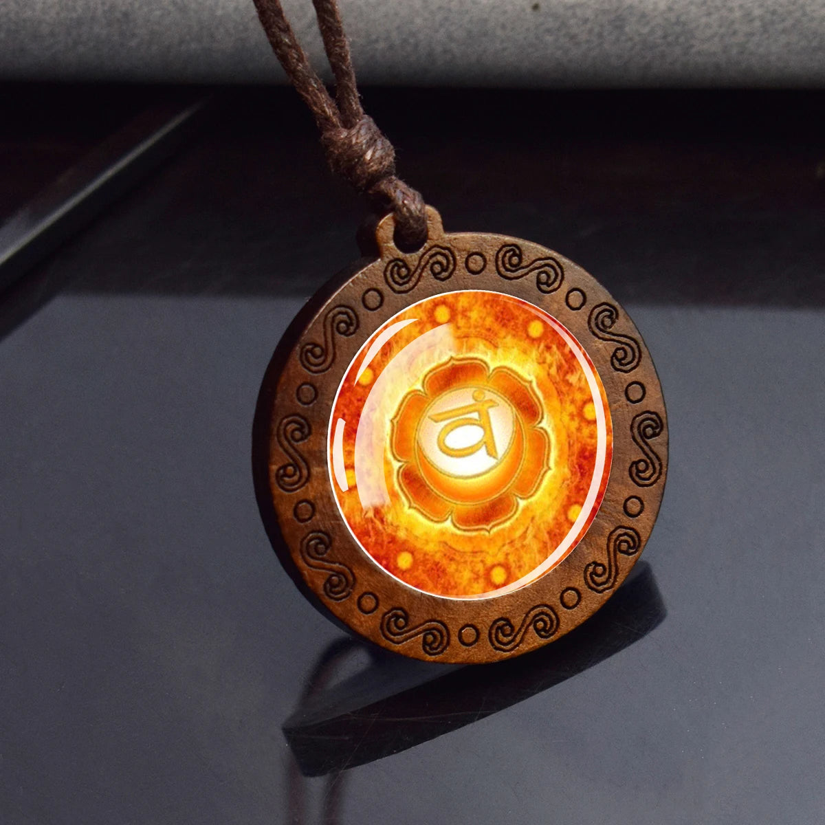 7Chakra Symbol Necklace Yoga Meditation Glass Dome Vintage Wooden Pendant Rope Chains alternate view