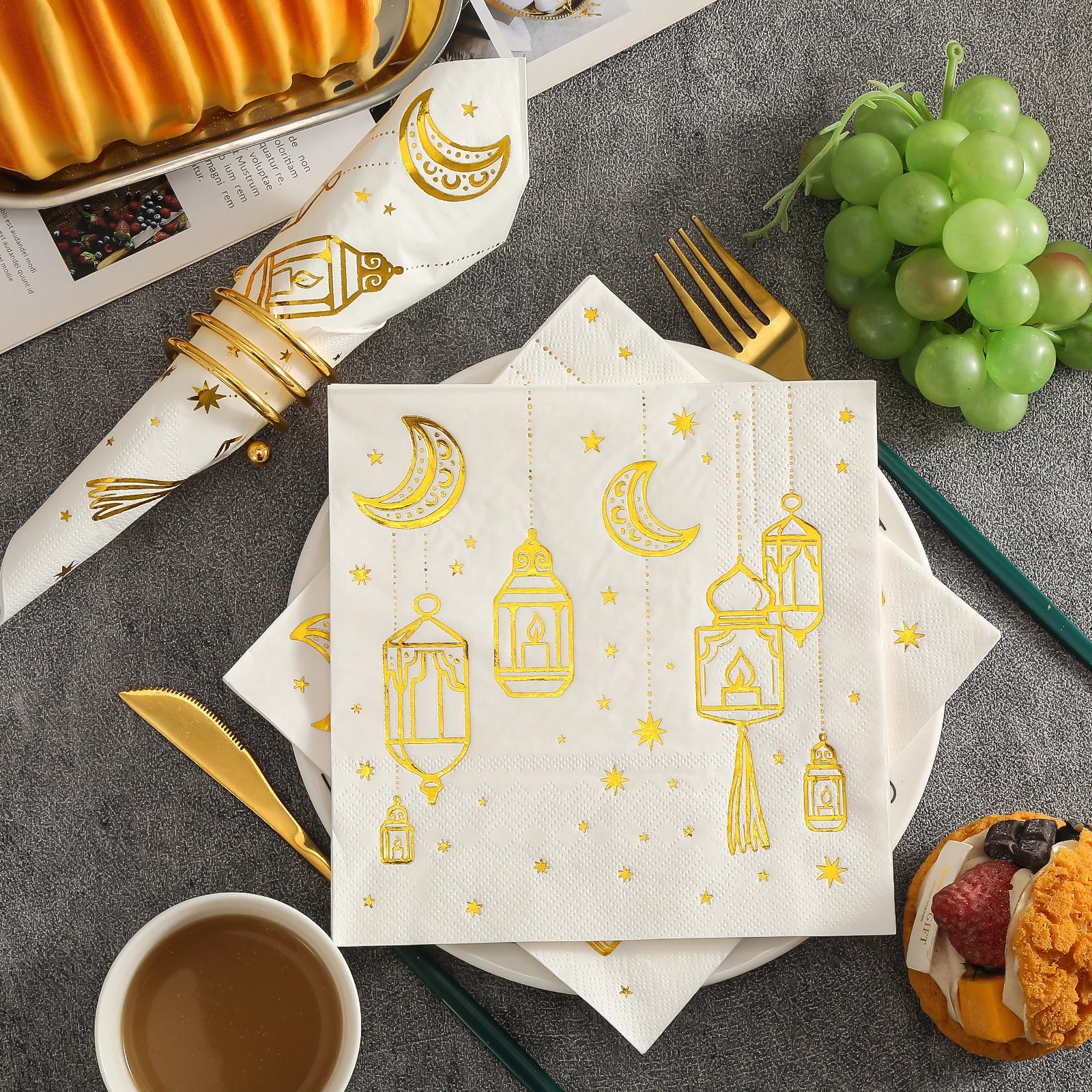 White Paper Napkins with Golden Moon Patterns | Elegant Party Napkins Pack of 20 alternate view