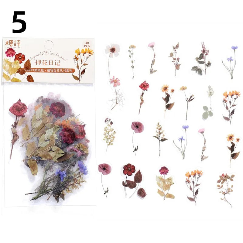 40 Pcs/set Plant Flower Stickers Decorative Green Leaves Retro Plant Manual Scrapbook DIY Label Diary Stationery Album Crafts