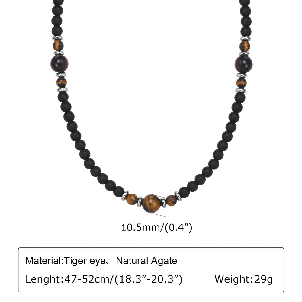 Casual Black Brown Beaded Necklace for Men | Summer Beach Tiger Eye Stone Jewelry alternate view