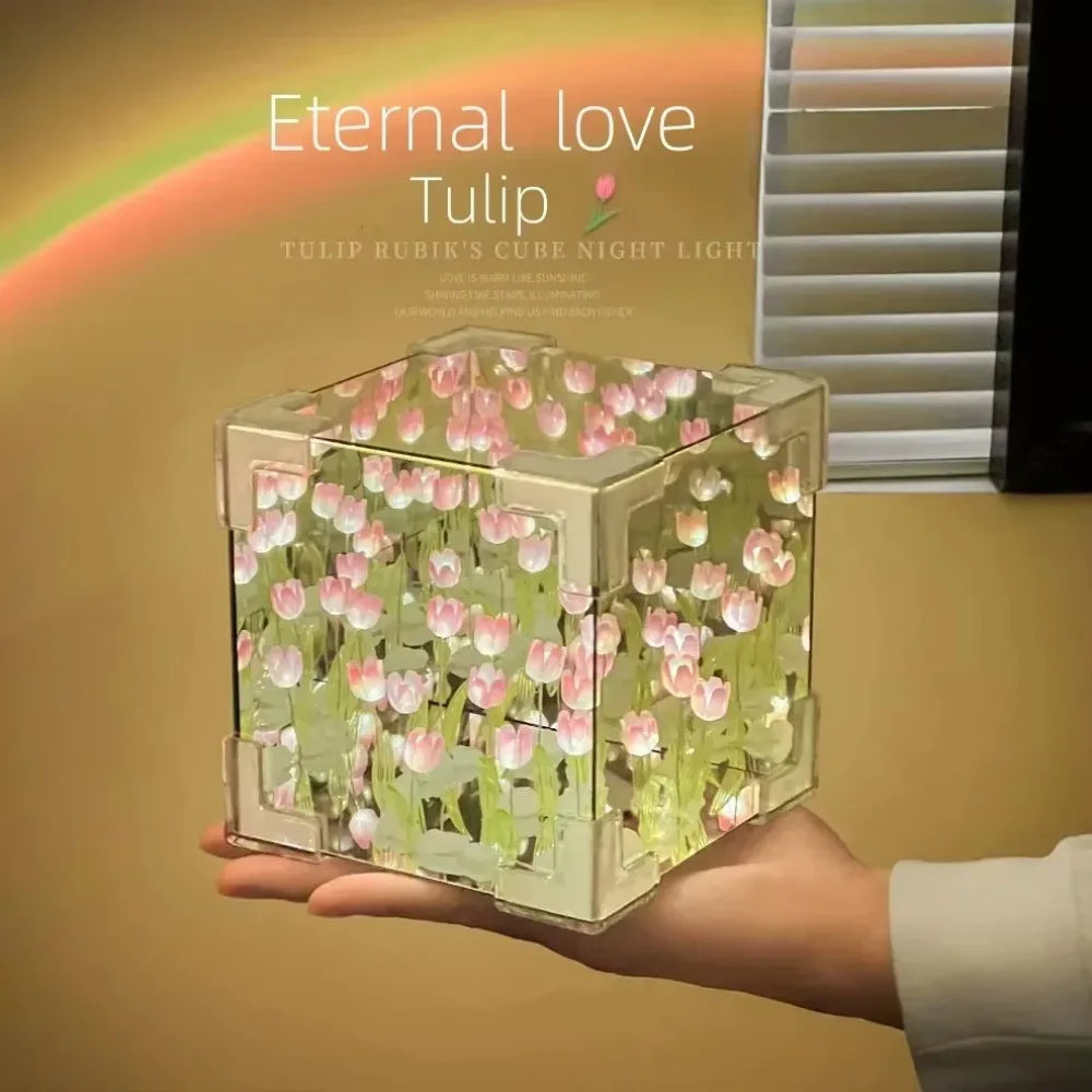 DIY Tulip Mirror Cube Lamp | Handmade Night Light for Bedroom Decor detail view