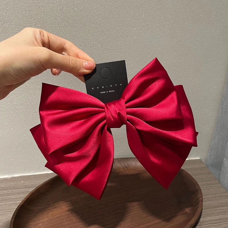 (BBQ4)Elegant Bow Ribbon Hair Clip Fashion Simple Solid Satin Spring Clip Hair Pin Retro Headband With Clip Girl Hair Accessory