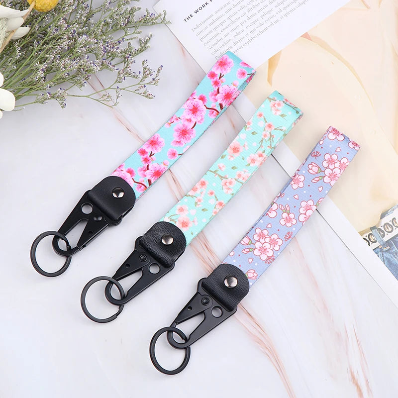 Sakura Cherry Blossom Car Keychain Lanyard | Metal Key Holder with Alloy Clip close-up view