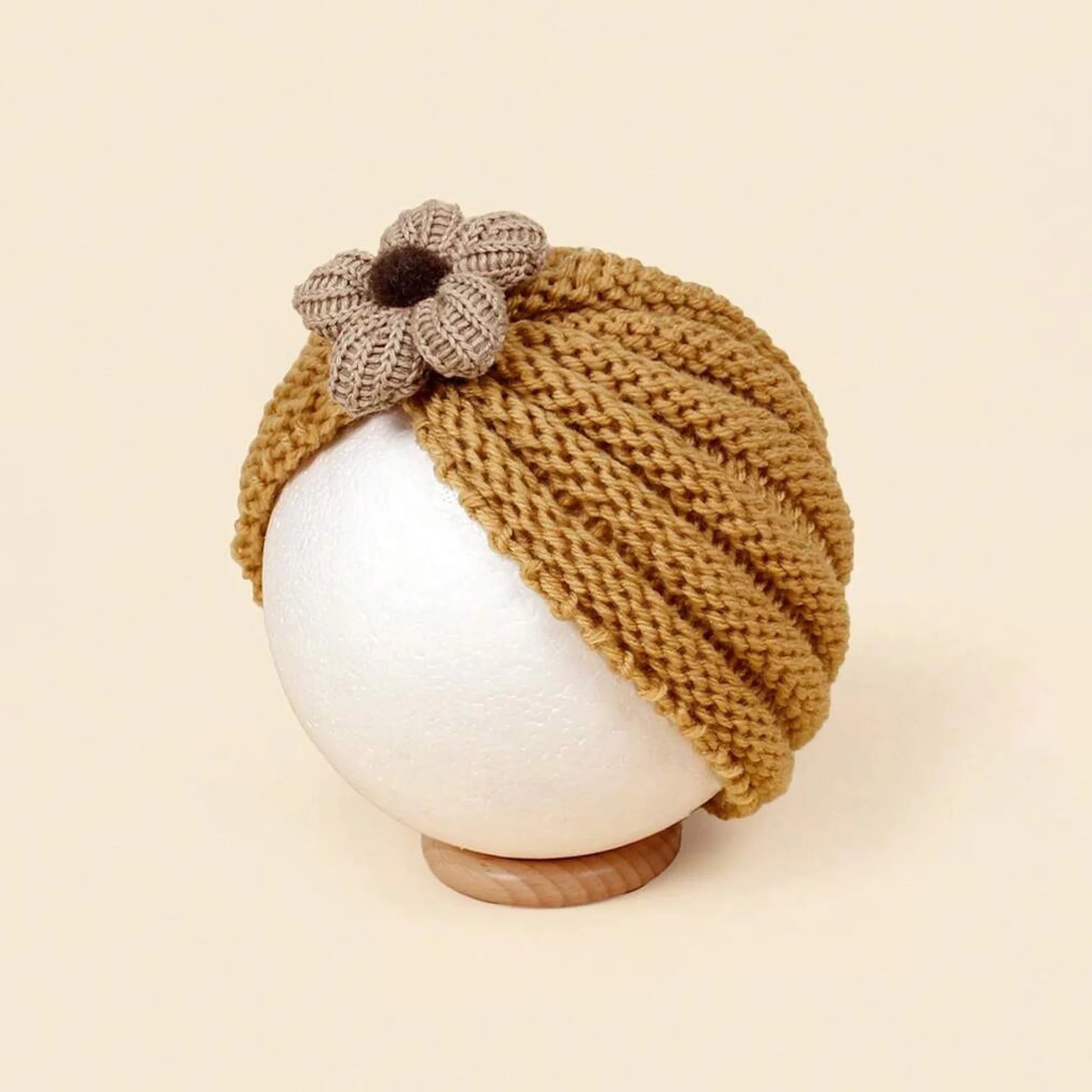 Baby Crochet Turban Hat with Flower Decor | Winter Warm Knit Headwrap for Infant Gi additional angle