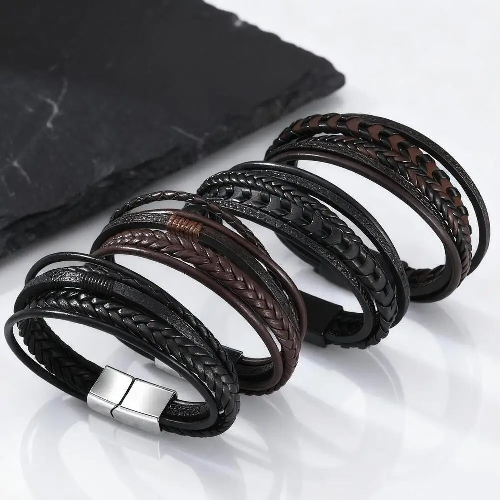 Multi Layer Braided Rope Bracelet for Men | Classic Handmade PU Leather Wristband with Magnetic Buck