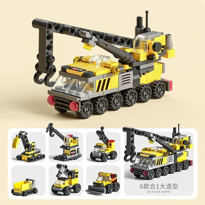 City Fire Car Building Blocks Set | 6-in-1 Police Truck, Engineering Crane, Tank & additional angle
