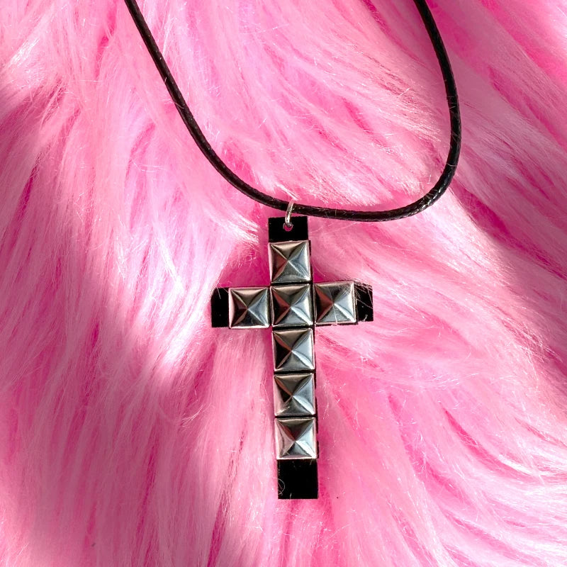 Rivet Cross Pendant Necklace | Punk Gothic Fashion Jewelry for Women detail view