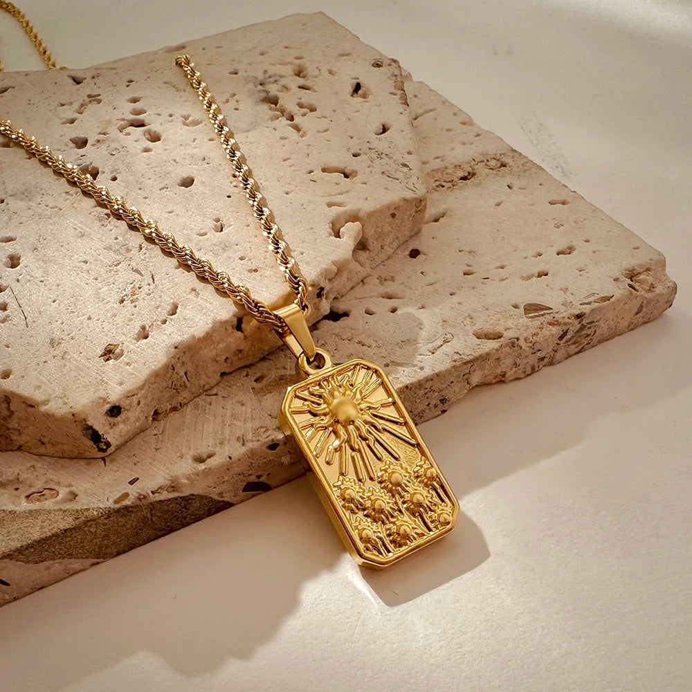 Vintage Gold Pendant Necklace | Hammered Moon Star Stainless Steel Jewelry lifestyle view